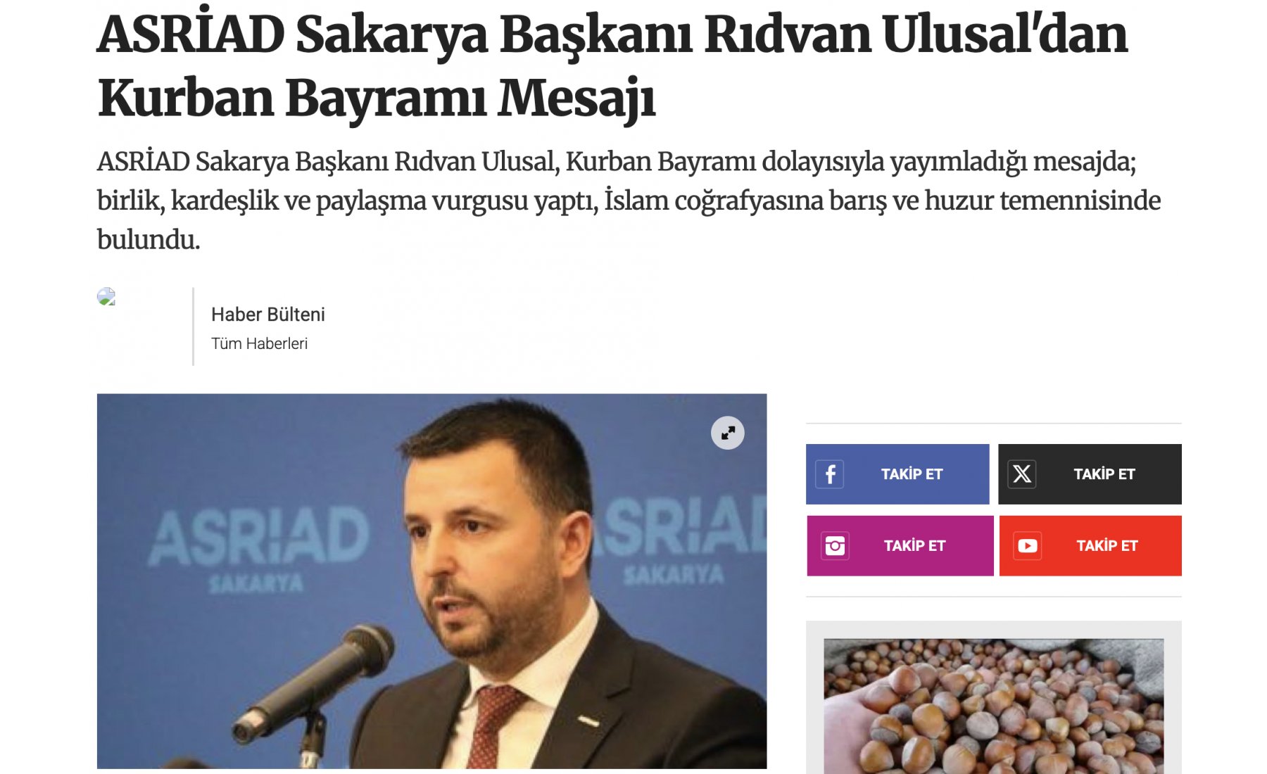 ASRİAD Sakarya Başkanı Rıdvan Ulusal, Kurban Bayramı mesajında birlik, beraberlik, paylaşma ve dayanışma vurgusu yaptı.